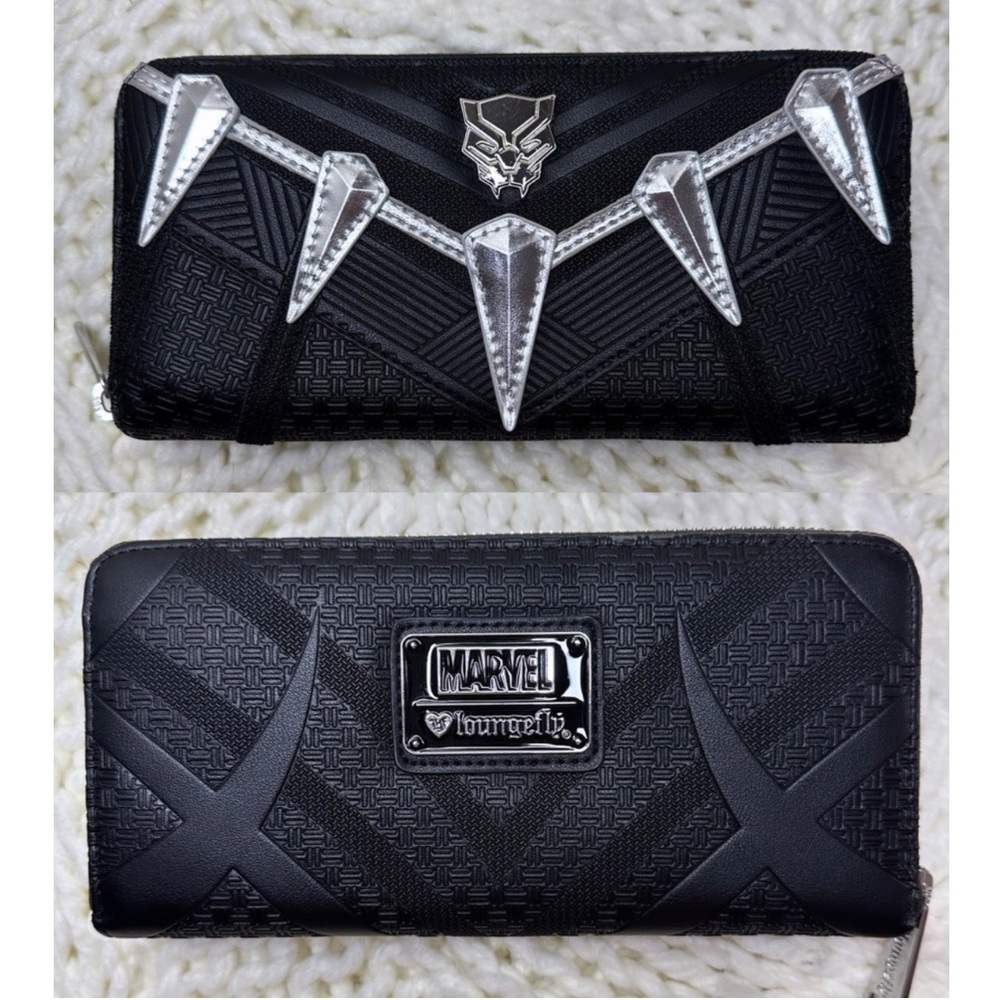 LOUNGEFLY Marvel BLACK PANTHER Infinity War Zip Around Large Wallet Black Silver - Picture 1 of 10